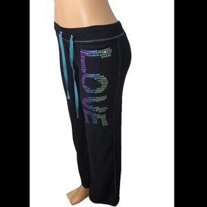 Black Sequin Logo Lounge Pants with Teal Drawstring